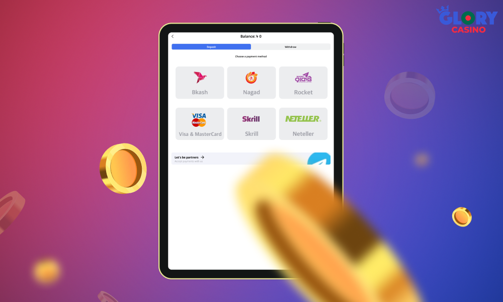 Glory Casino provides various payment options for the convenience of users from Bangladesh