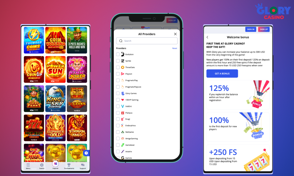 The Glory Casino mobile app is available for both Android and iOS, and it has the same functionality as the website